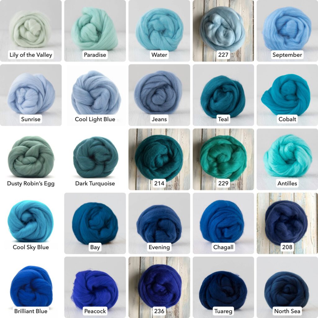 Extrafine Merino Wool Roving (Top), 18-19 Micron, 50g (1.76oz) - BLUES - Wet Felting, Nuno Felting, Needle Felting, Spinning