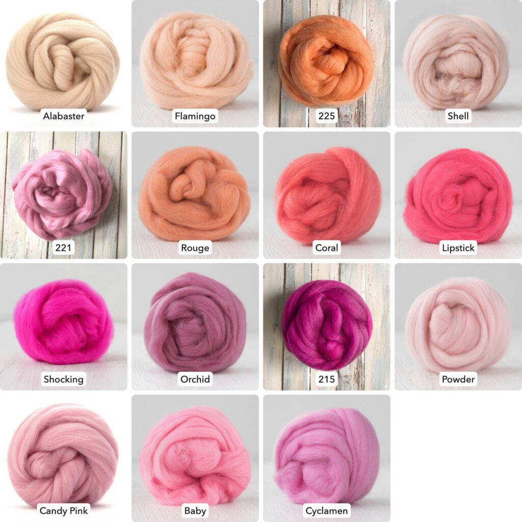 Extrafine Merino Wool Roving (Top), 18-19 Micron, 50g (1.76oz) - PINKS - Wet Felting, Nuno Felting, Needle Felting, Spinning