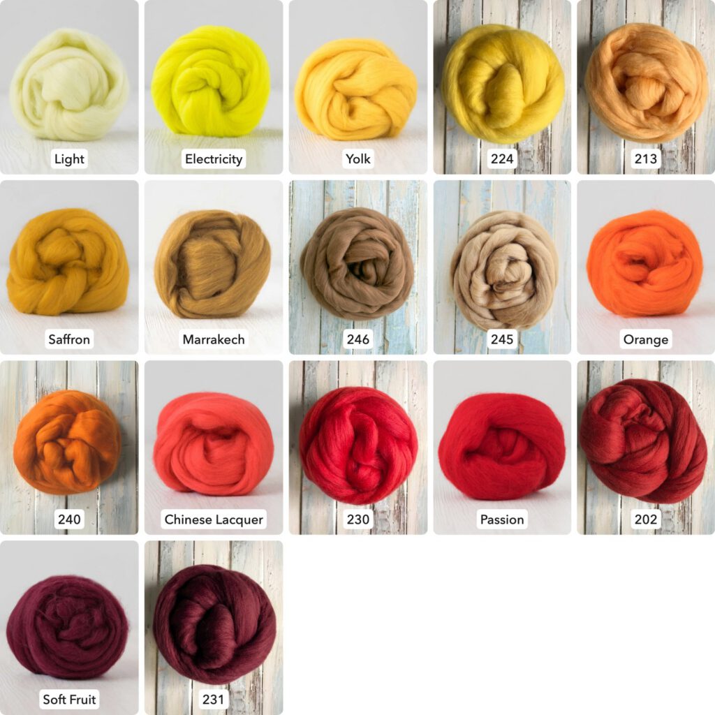 Extrafine Merino Wool Roving (Top), 18-19 Micron, 50g (1.76oz) - YELLOWS-REDS - Wet Felting, Nuno Felting, Needle Felting, Spinning