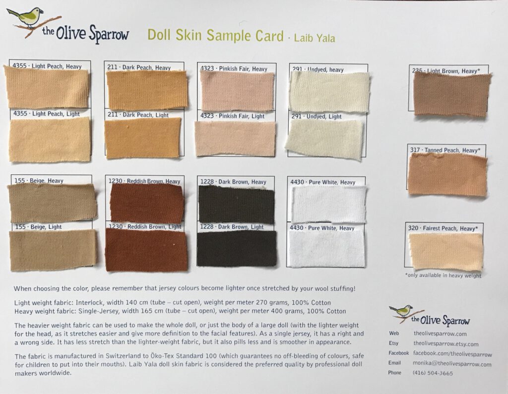 Sample Colour Card - Waldorf Doll making skin Fabric - Laib Yala/DeWitte - FREE SHIPPING Canada